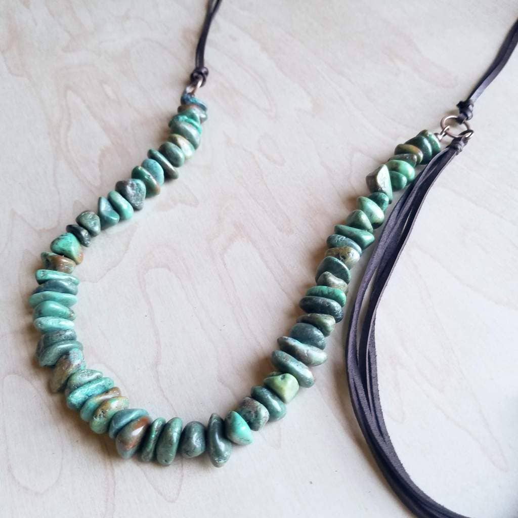 Natural Turquoise Necklace with Side-Tie Leather Tassel