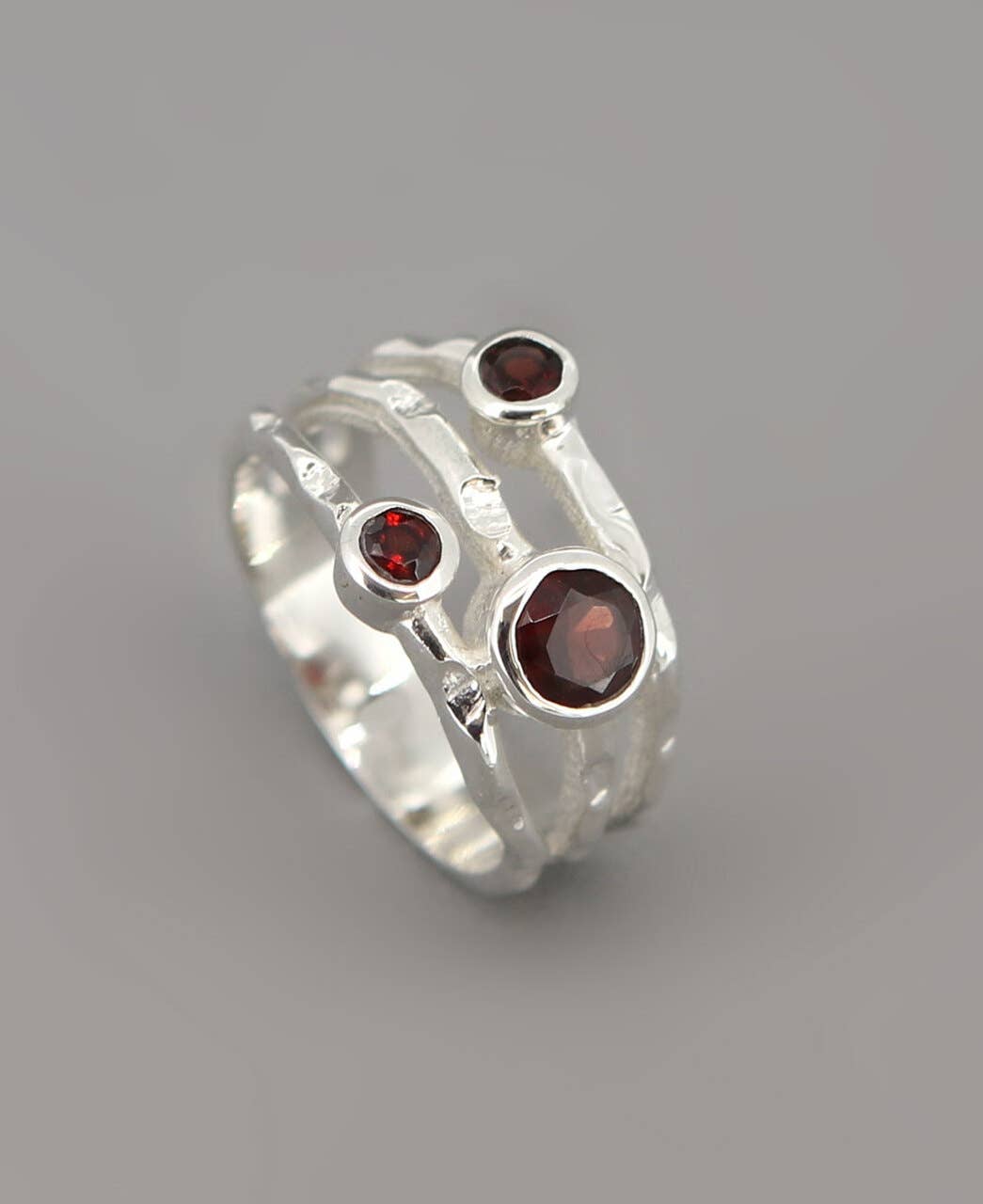 Garnet Triple Gemstone Ring, Sterling Silver: Size 6