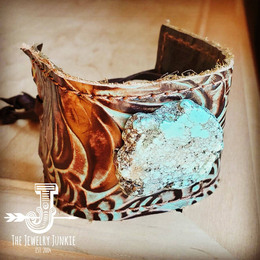 Leather Cuff With Tie-turquoise Brown Floral