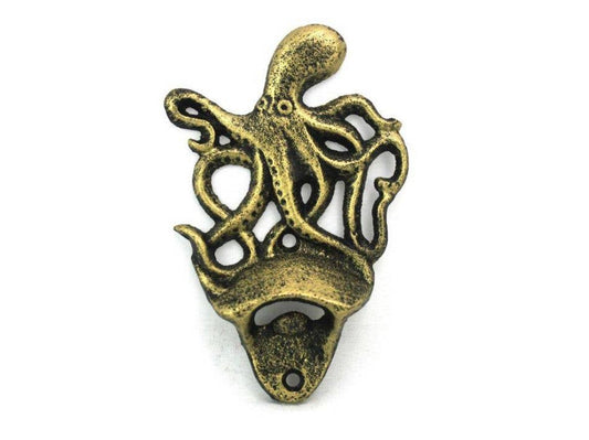 Antique Gold Cast Iron Wall Mounted Octopus Bottle Opener 6"