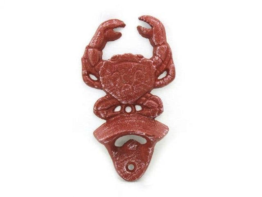 Red Whitewashed Cast Iron Wall Mounted Crab Bottle Opener 6"