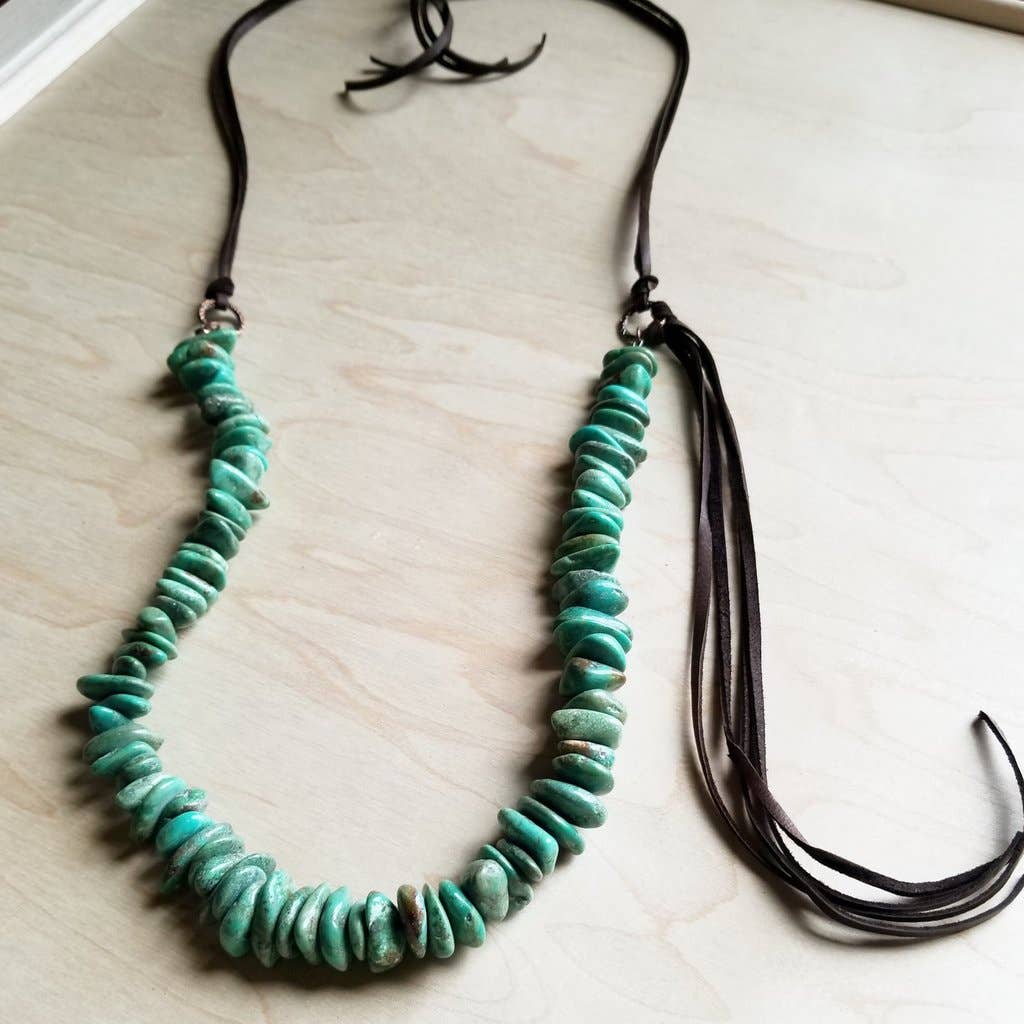 Natural Turquoise Necklace with Side-Tie Leather Tassel