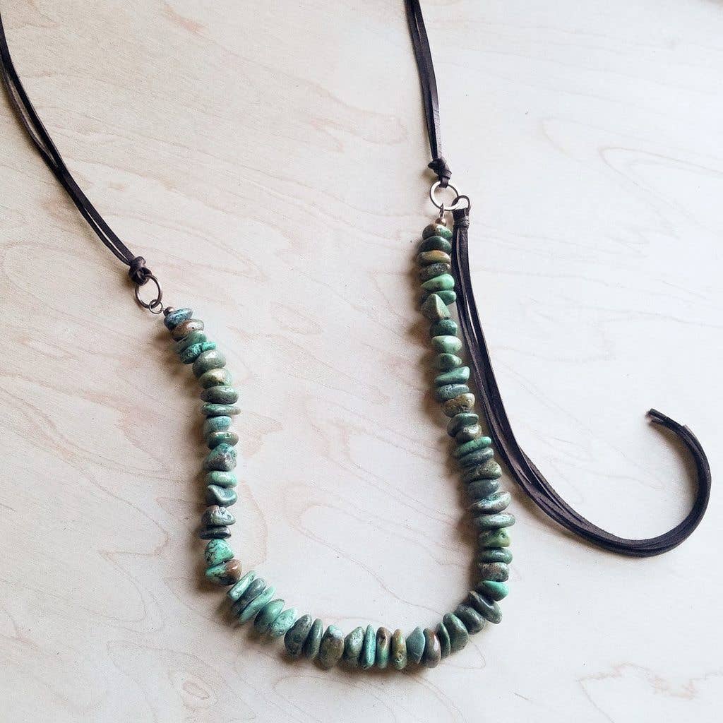 Natural Turquoise Necklace with Side-Tie Leather Tassel