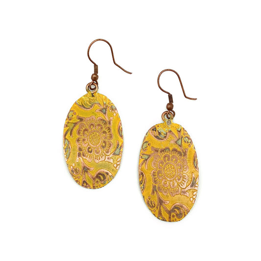 Copper Patina Earrings - Yellow Decorative Flower