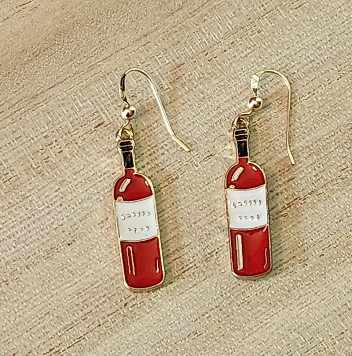 Red wine bottle earrings, 14k gold wire, fun drink earrings