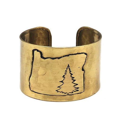 Antique Brass Adjustable Cuff Bracelet - Oregon Pine Tree