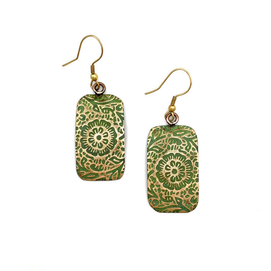 Brass Patina Earrings - Chartreuse Floral Scrollwork