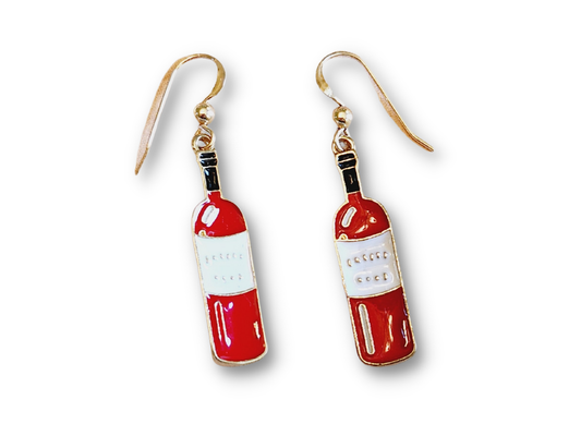 Red wine bottle earrings, 14k gold wire, fun drink earrings