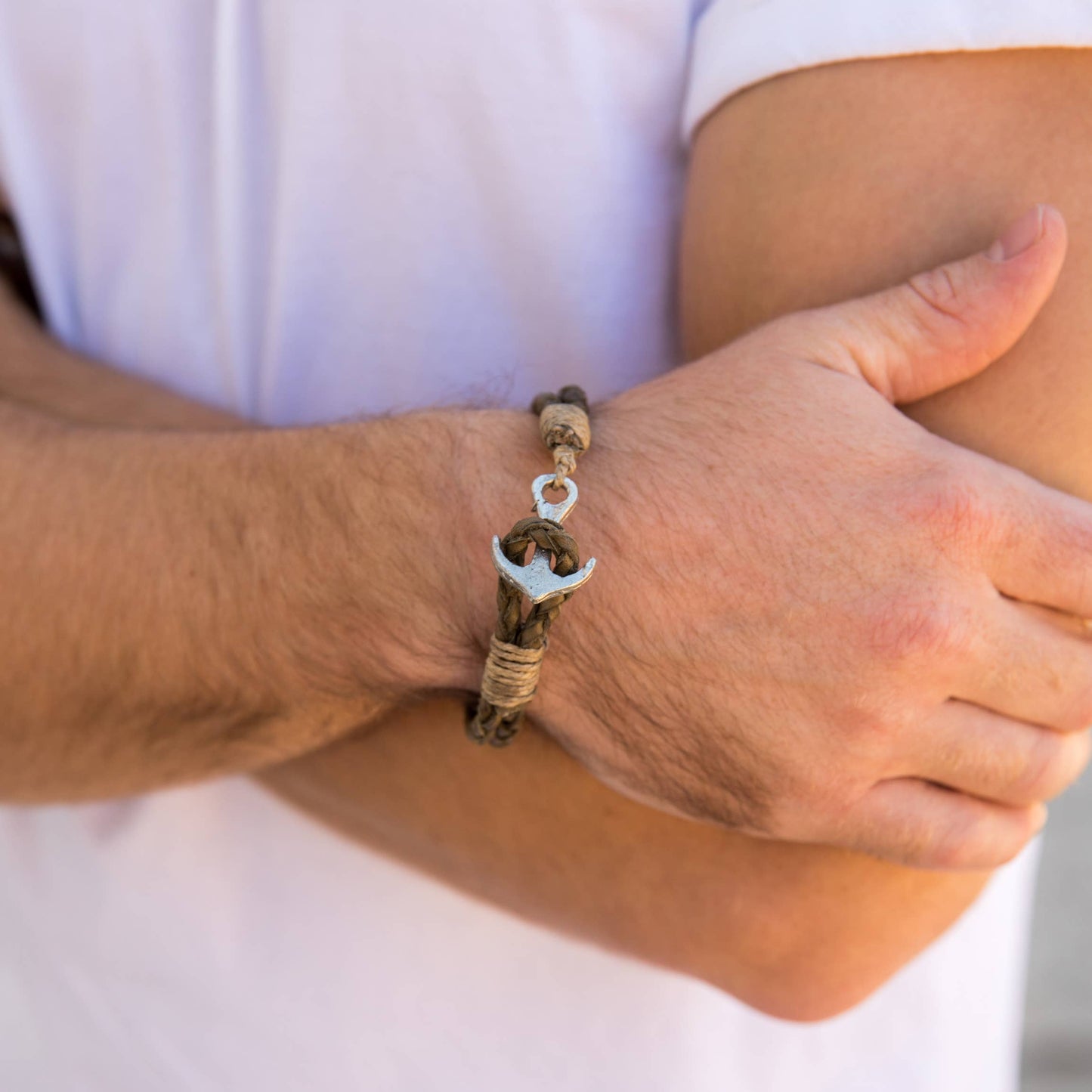 Green Leather with Anchor Clasp Men's Bracelet