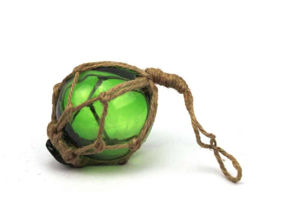 Green Japanese Glass Ball Fishing Float With Brown Netting Decoration 3"