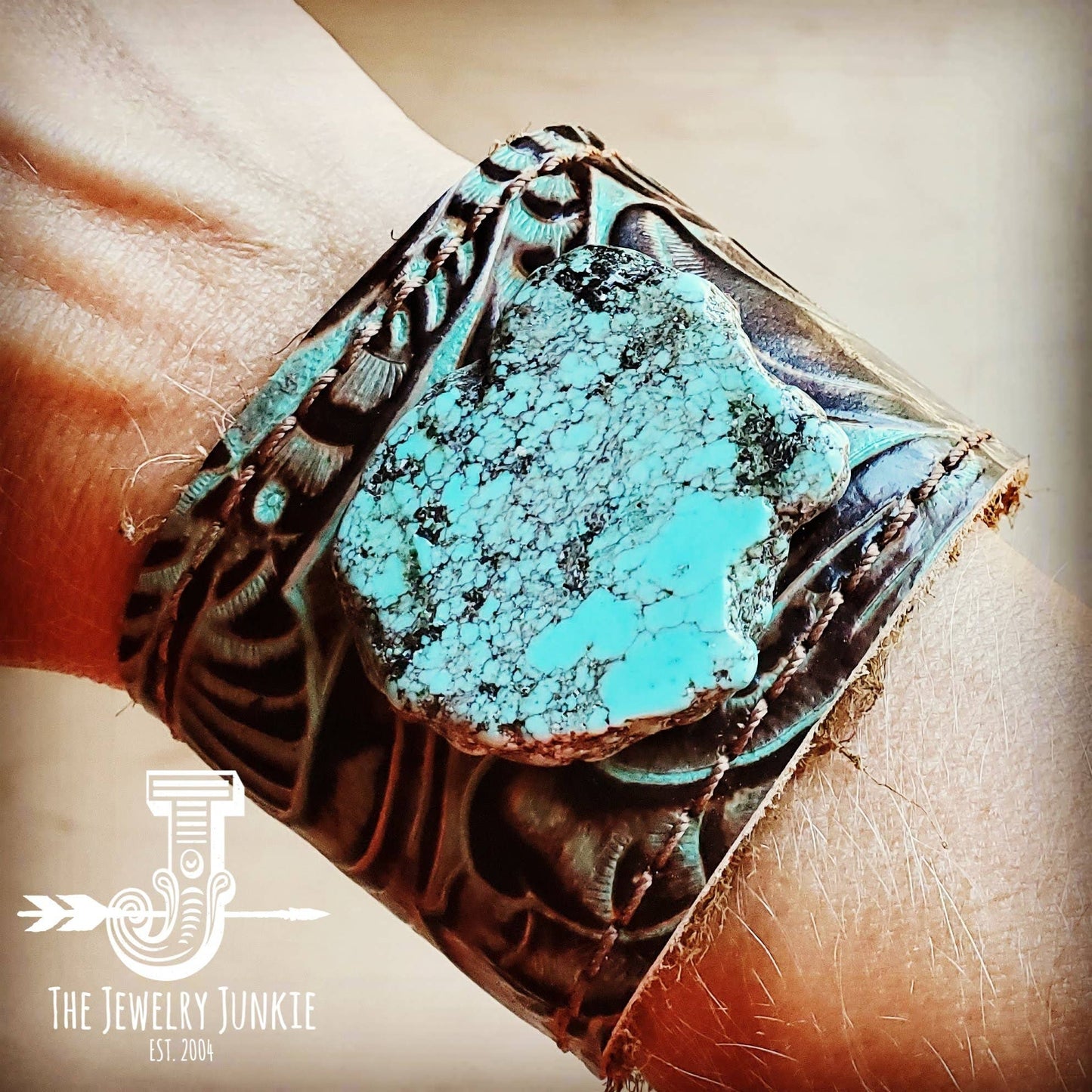 Leather Cuff With Tie-turquoise Brown Floral