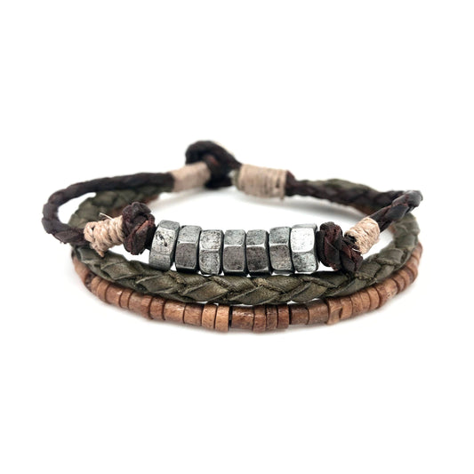 Braided Leather, Wooden and Silver Beads Men's Bracelet