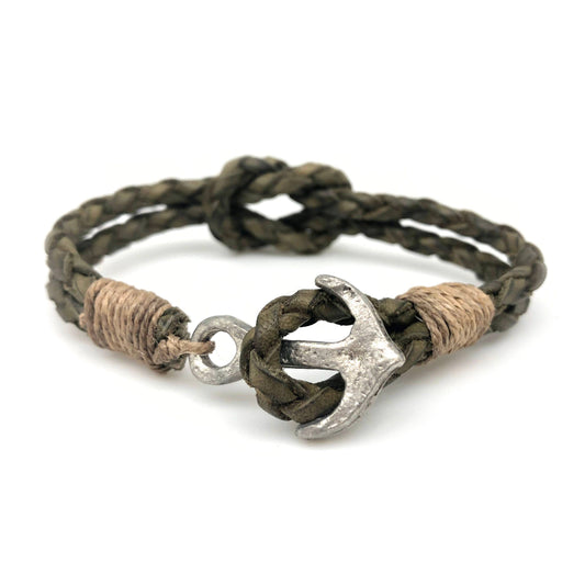 Green Leather with Anchor Clasp Men's Bracelet