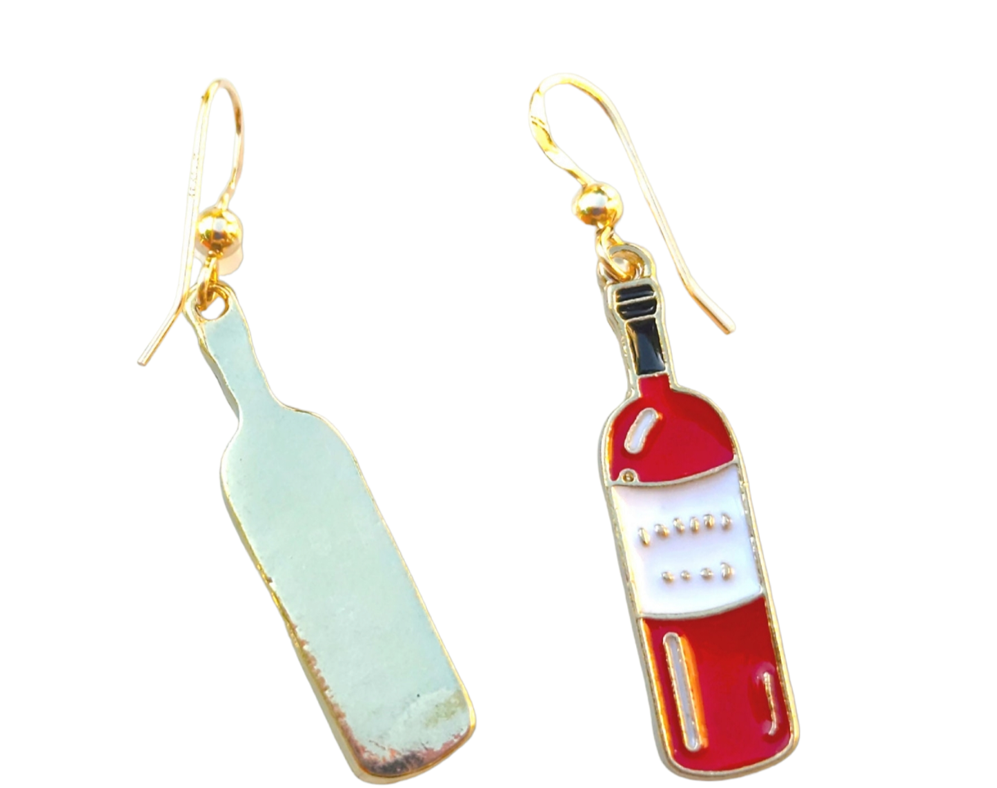 Red wine bottle earrings, 14k gold wire, fun drink earrings