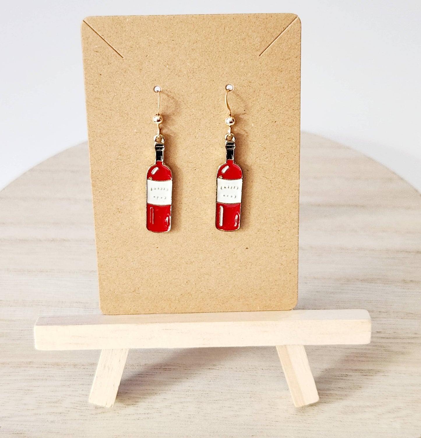 Red wine bottle earrings, 14k gold wire, fun drink earrings