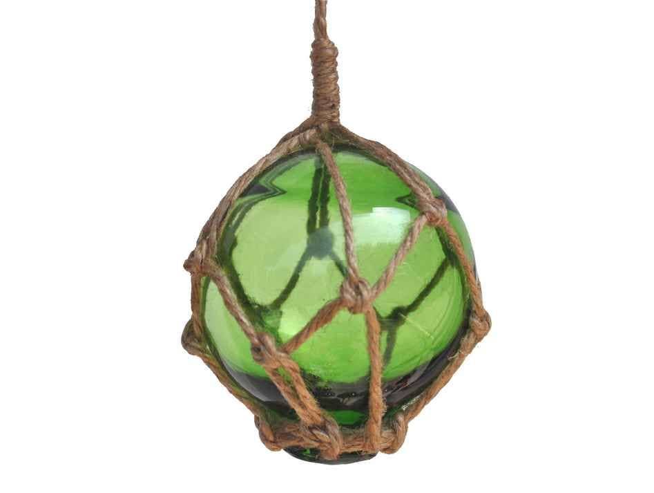 Green Japanese Glass Ball Fishing Float With Brown Netting Decoration 3"