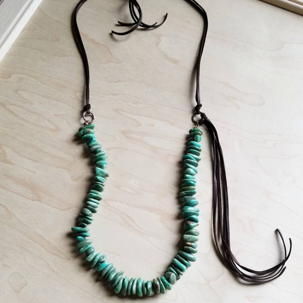 Natural Turquoise Necklace with Side-Tie Leather Tassel