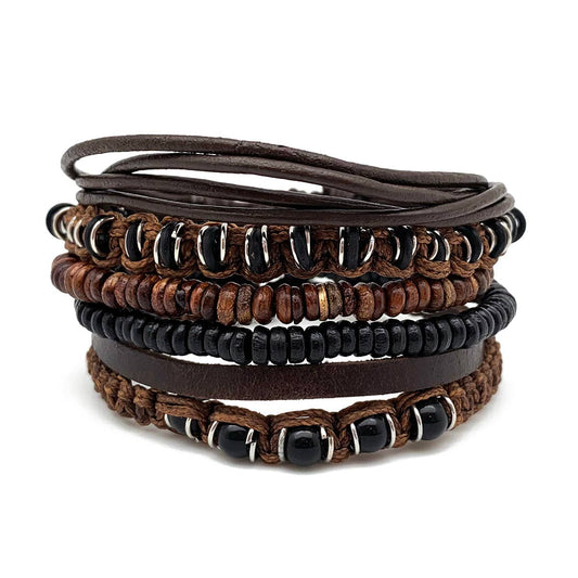 Brown and Black Beads with Leather Men's Bracelet Set