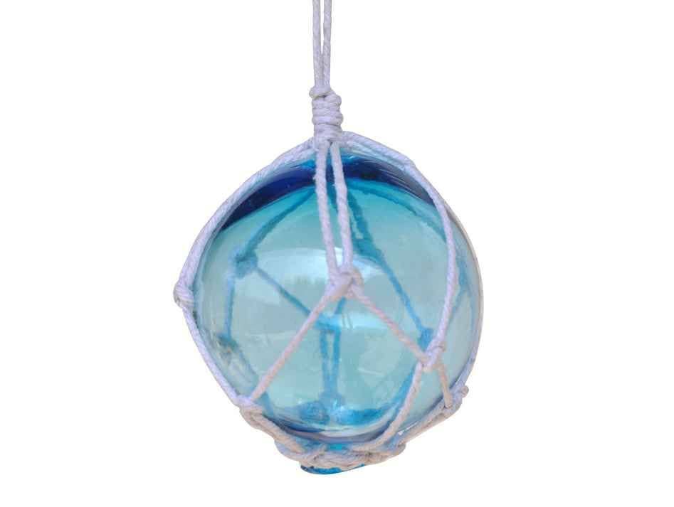 Light Blue Japanese Glass Ball Fishing Float With White Netting Decoration 3"