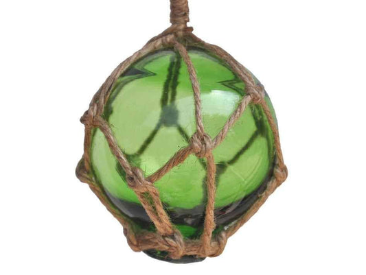 Green Japanese Glass Ball Fishing Float With Brown Netting Decoration 3"