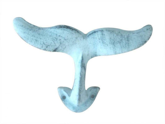 Rustic Dark Blue Whitewashed Cast Iron Decorative Whale Tail Hook 5"