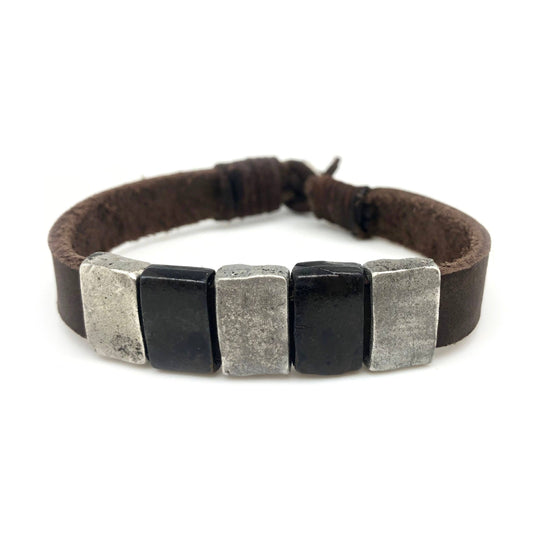 Silver and Black Rectangle Beads Leather Men's Bracelet