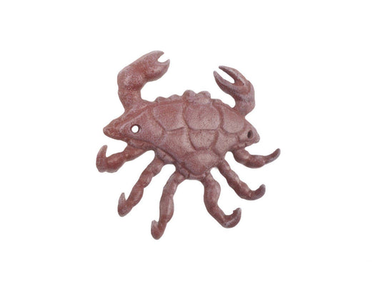 Red Whitewashed Cast Iron Decorative Crab with Six Metal Wall Hooks 7"