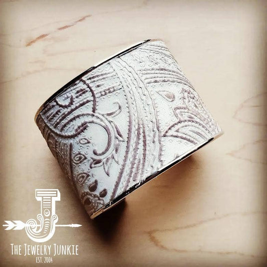 Wide Cuff Bangle Bracelet in Oyster Paisley Leather